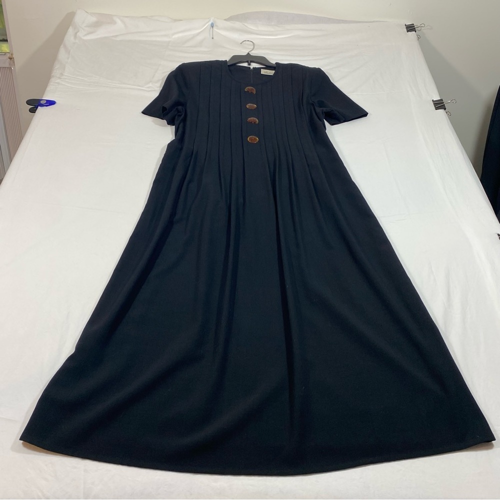 Vintage Kathie Lee Maxi Dress Black Pleated Bodice Decorative Animal Buttons - Picture 5 of 15